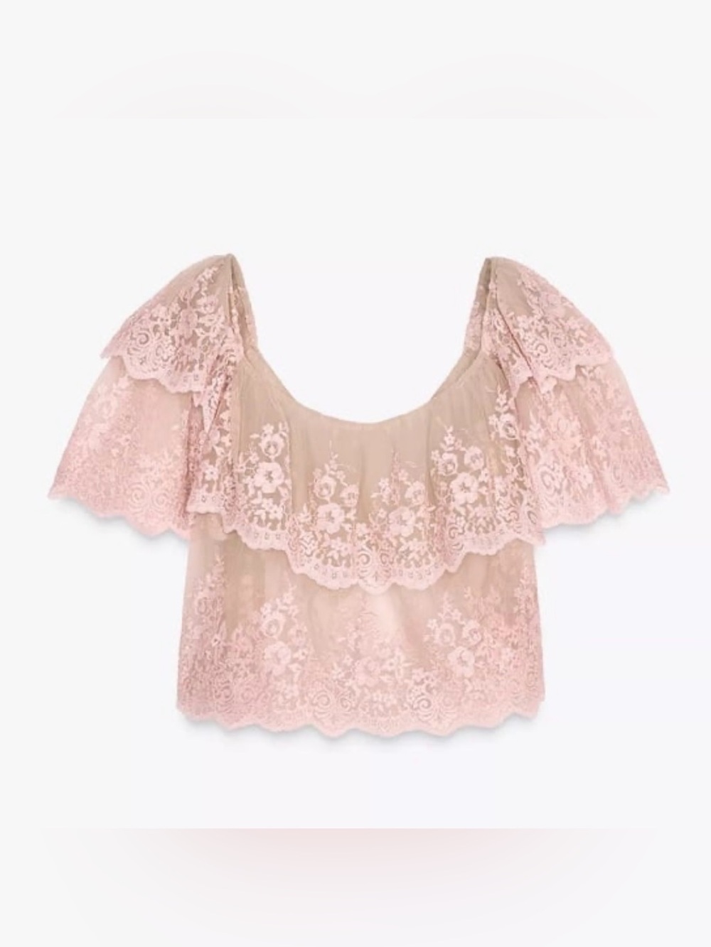 NWT Zara Woman Embroidered Ruffled Semi Sheer Mesh Blouse Top - Size Small